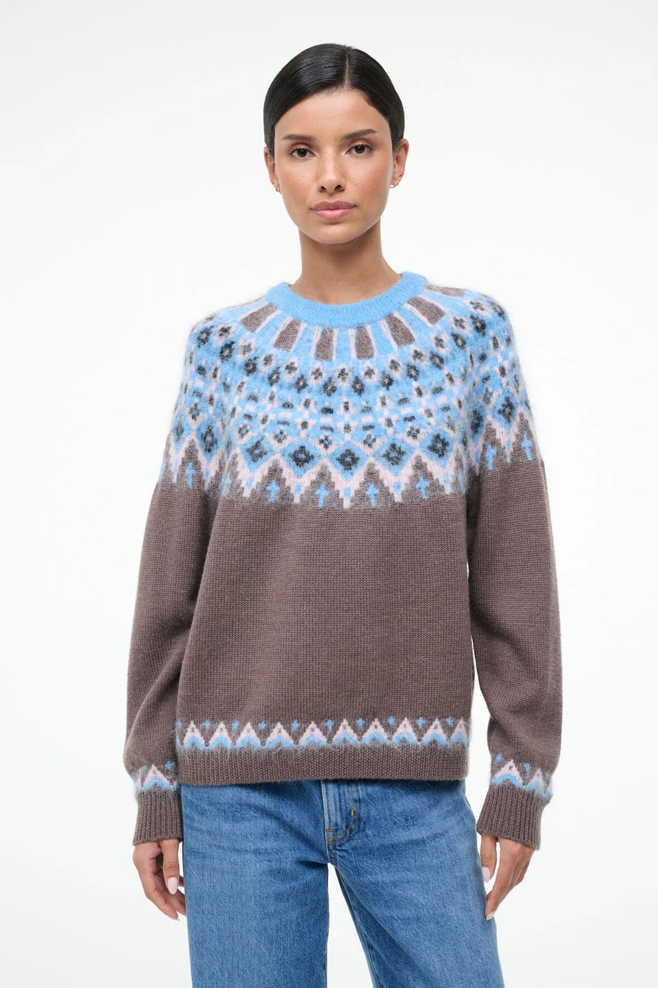 Staud, Zane Fair Isle Wool-Blend Sweater in Grey
