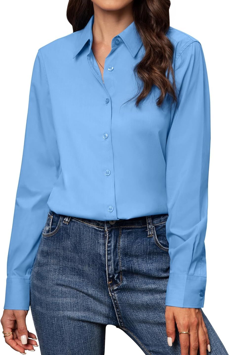 Gleeivy Button Down Shirts for Women Long Sleeve Button Up Shirts Classic Fit Solid Cotton Women Dress Shirts Work Office Blue S