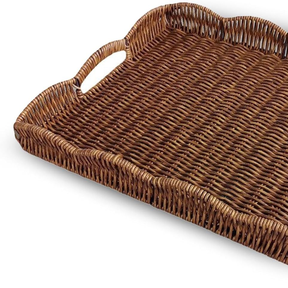Serving Tray With Scalloped Edge, Rectangular Wicker Tray With Handles, Ideal for Breakfast or Meals in Bed and on Sofa, Decorative Coffee Table Tray to Enhance Dining (coffee Brown)