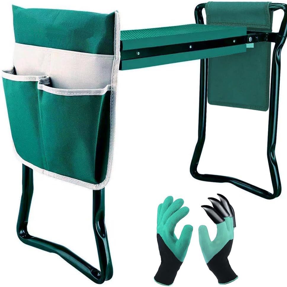 Garden Kneeler and Seat,with 2 Tool Bags Pouches and Claw Gloves,portable Lightweight Bench Thicken Eva Foam Pad Sturdy Steel Pipe Practical Garden Tools(green)