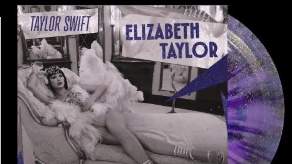 Talor Swift's Elizabeth Taylor single on purple vinyl, with the record itself emerging from the sleeve