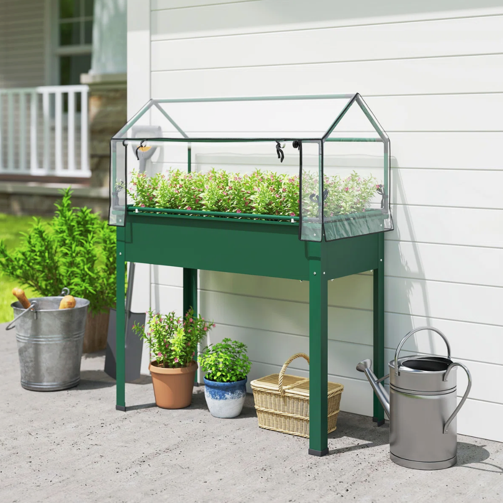 Wayfair, Arlmont &amp;amp; Co. Raised Garden Bed With Greenhouse Cover, Elevated Planter Box With Legs and Drainage Hole for Vegetables Flowers Herbs, 39.4" X 18.9" X 48.8", Green | Wayfair
