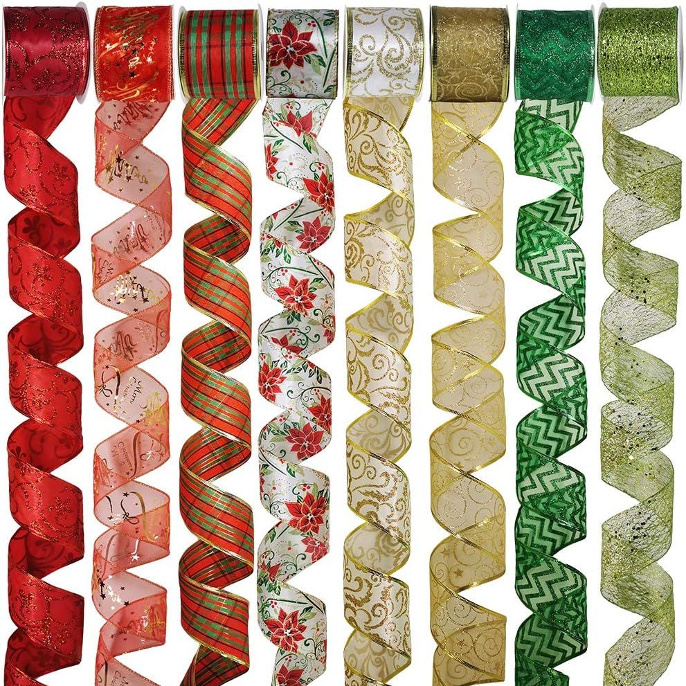 48 Yards Assorted Christmas Ribbons - Plaid, Bow, Wired, Mesh, Glitter, Tulle, Organza - 2.5" Wide for Wreaths, Garlands