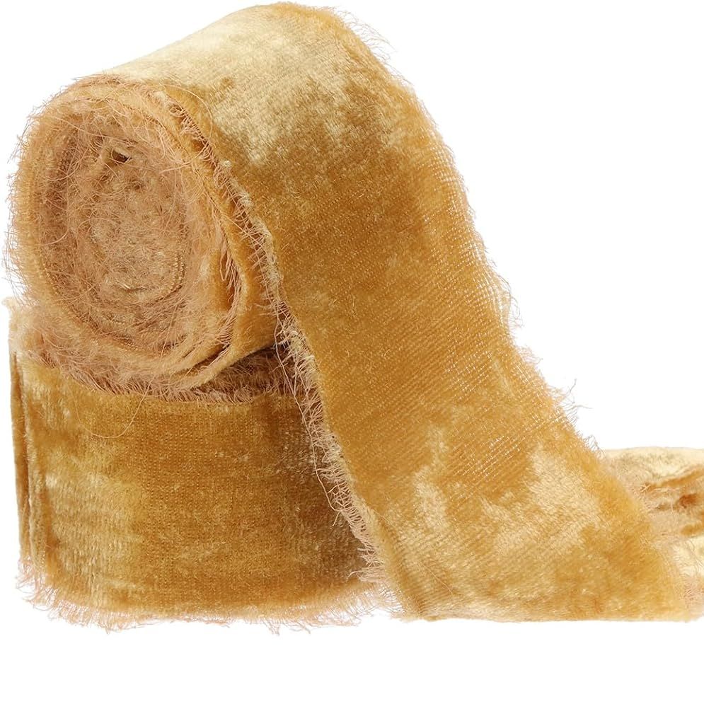 Patikil Gold Velvet Ribbon, 1-1/2 Inch X 3 Yards Frayed Ribbon for Gift Wrapping Fabric for Wreaths Flower Bouquets Bows Wedding Decor