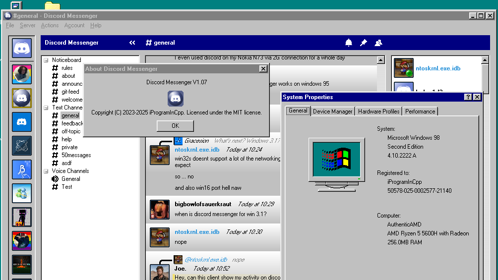 Modern Discord hacked into Windows 95 and 98, slimmed down version