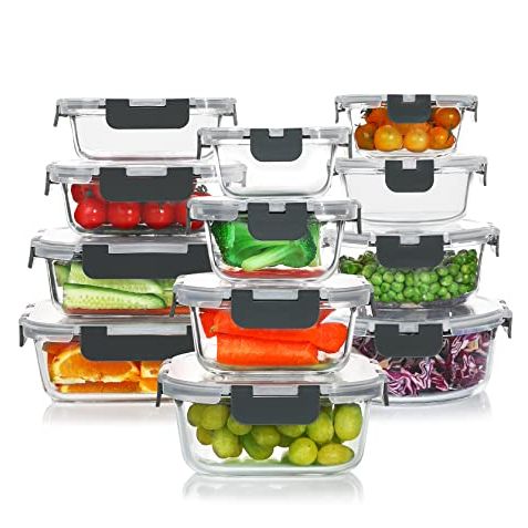 Komuee 24 Pieces Glass Food Storage Containers Set,meal Prep Containers-Stackable Airtight Glass Storage Containers With Lids,freezer, Microwave, Oven Safe,gray