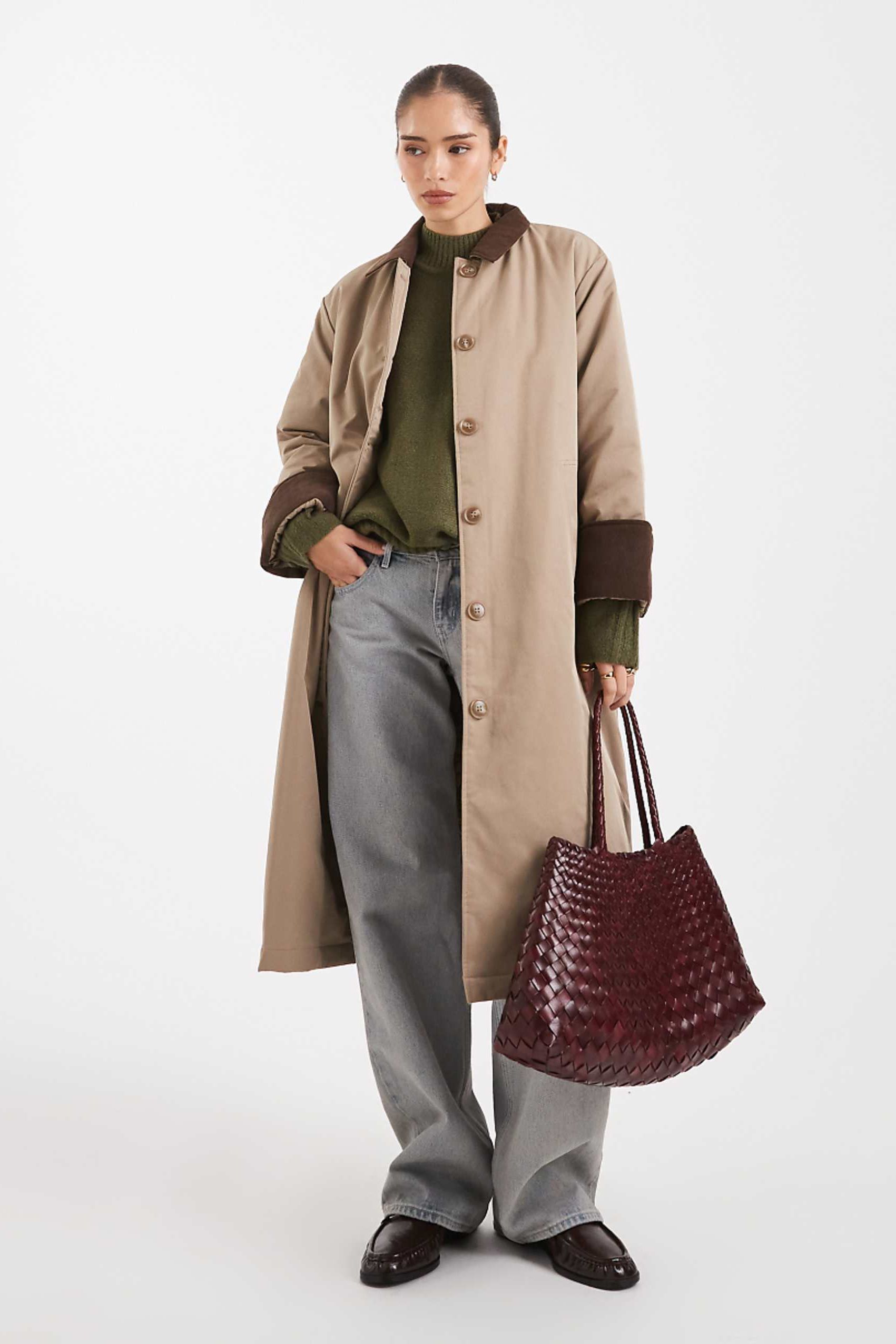 Pieces Longline Trench Coat With Corduroy Collar Detail in Beige