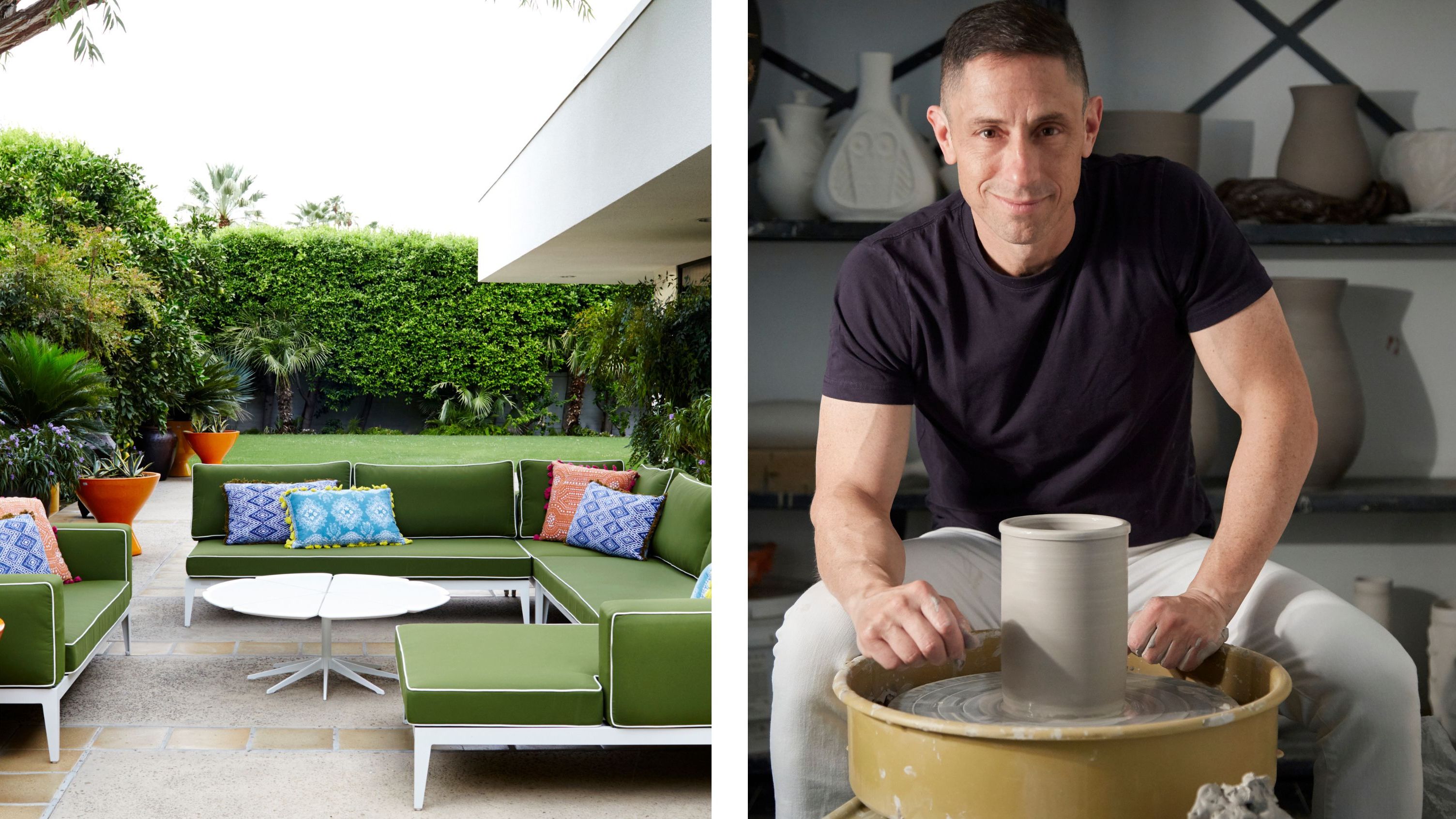 two images next to each other. On the left, an outdoor living room with large green sofa. On the right, Jonathan Adler sits behind a potter's wheel