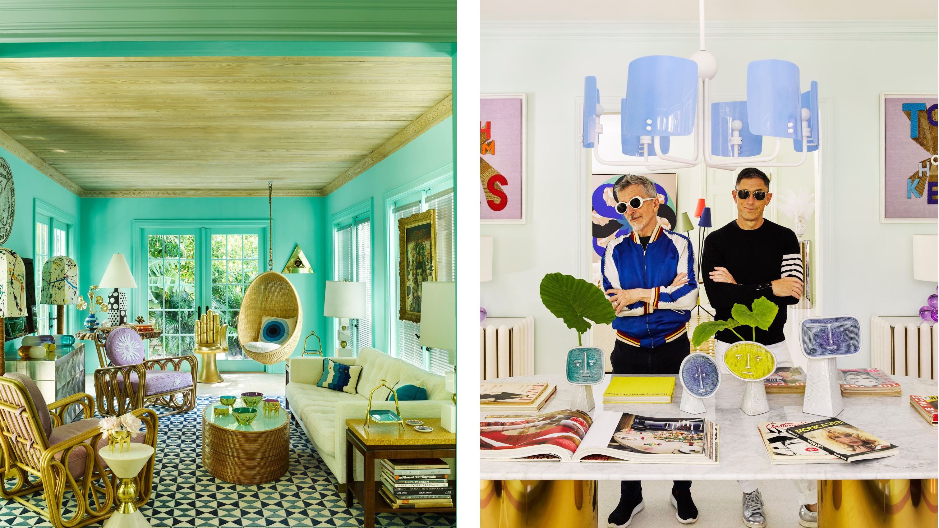 Two pictures next to each other. On the left is Jonathan Adler's blue living room in Palm Beach and on the right Jonathan and his husband Simon Doonan wear sunglasses indoors