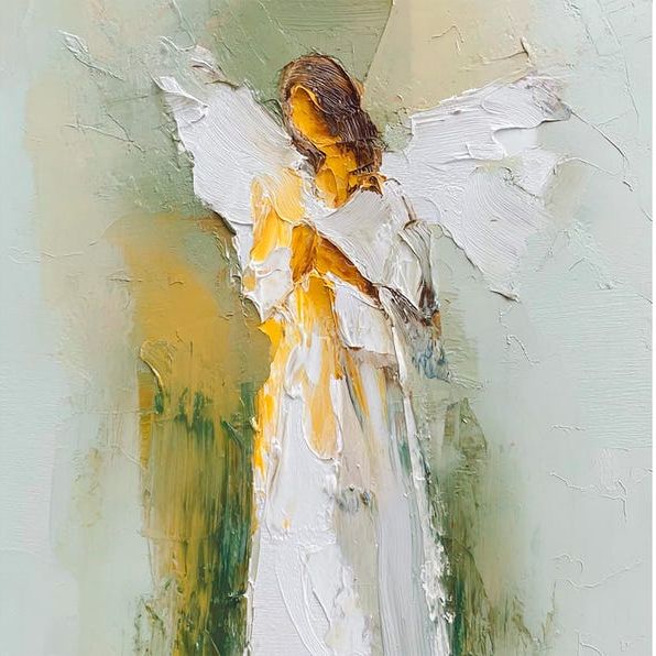 Framed Angel Painting: Impasto Oil on Canvas, Religious Art