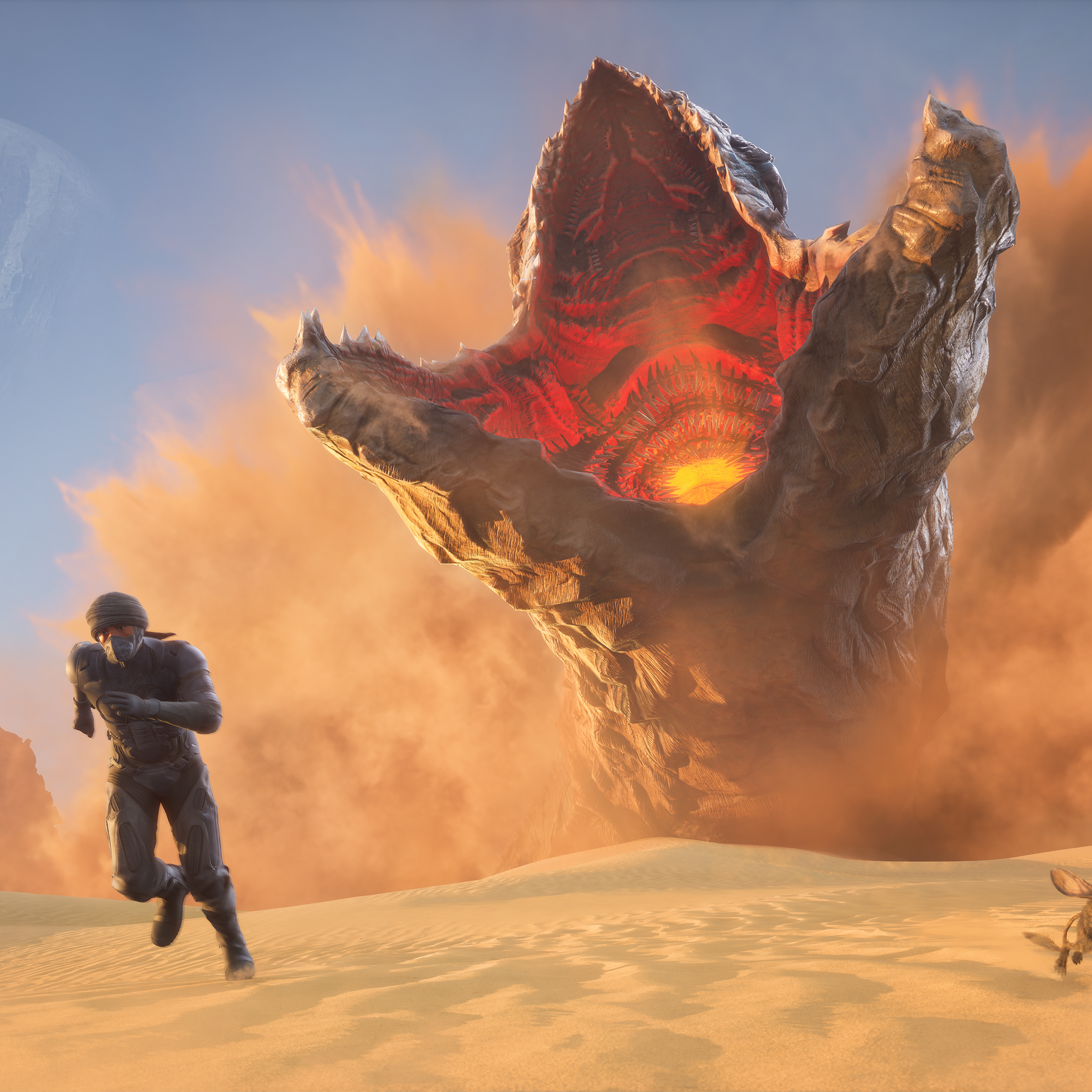 A giant worm emerges from the sand. A person flees from this eruption.