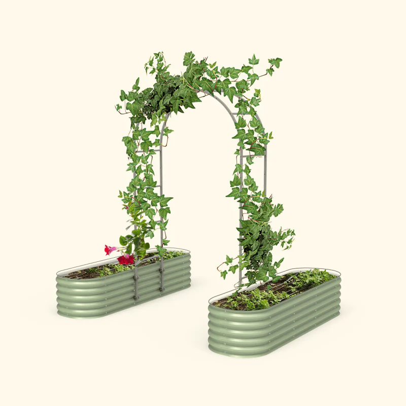 Garden trellis attached to two ribbed green raised beds.