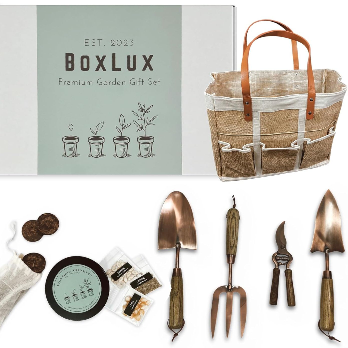 Copper Gardening Tools Gift Set, Over 1,700 Non Gmo Vegetable Seeds, Heavy Duty Steel Tools for Planting, Garden Tool Kit for Women With Handbag and Coco Coir Soil Pellets, Birthday Gardening Gift Box