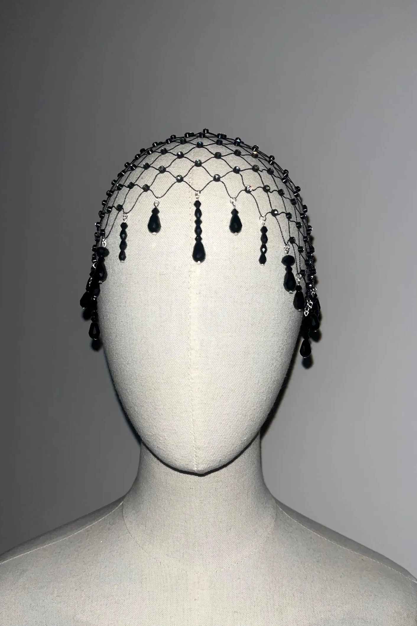 KnitbyKrasnopolska, Black Beaded Mesh Headpiece Bridal Pearl Net Headpiece