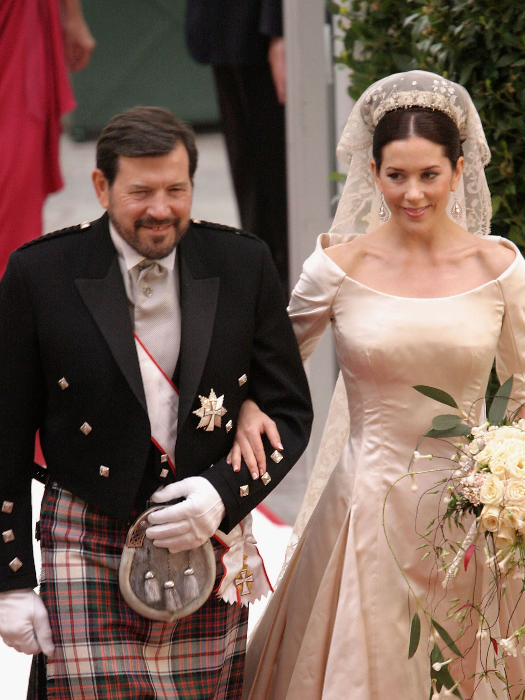 COPENHAGEN, DENMARK - MAY 14: Mary Donaldson walk down the aisle with her father Dr John Donaldson at the Copenhagen Cathedral (Photo by Sean Gallup/Getty Images)