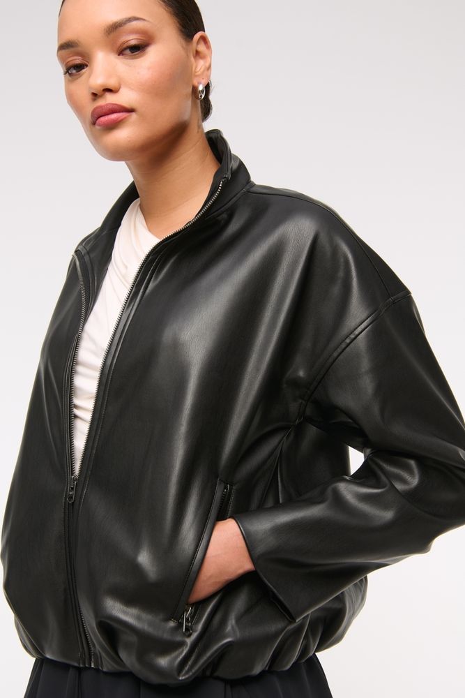 Bubble Hem Vegan Leather Bomber Jacket