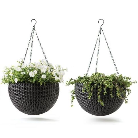 Keter Resin Rattan Set of 2 Round Hanging Planter Baskets for Indoor and Outdoor Plants-Perfect for Porches and Patio Decor, Graphite