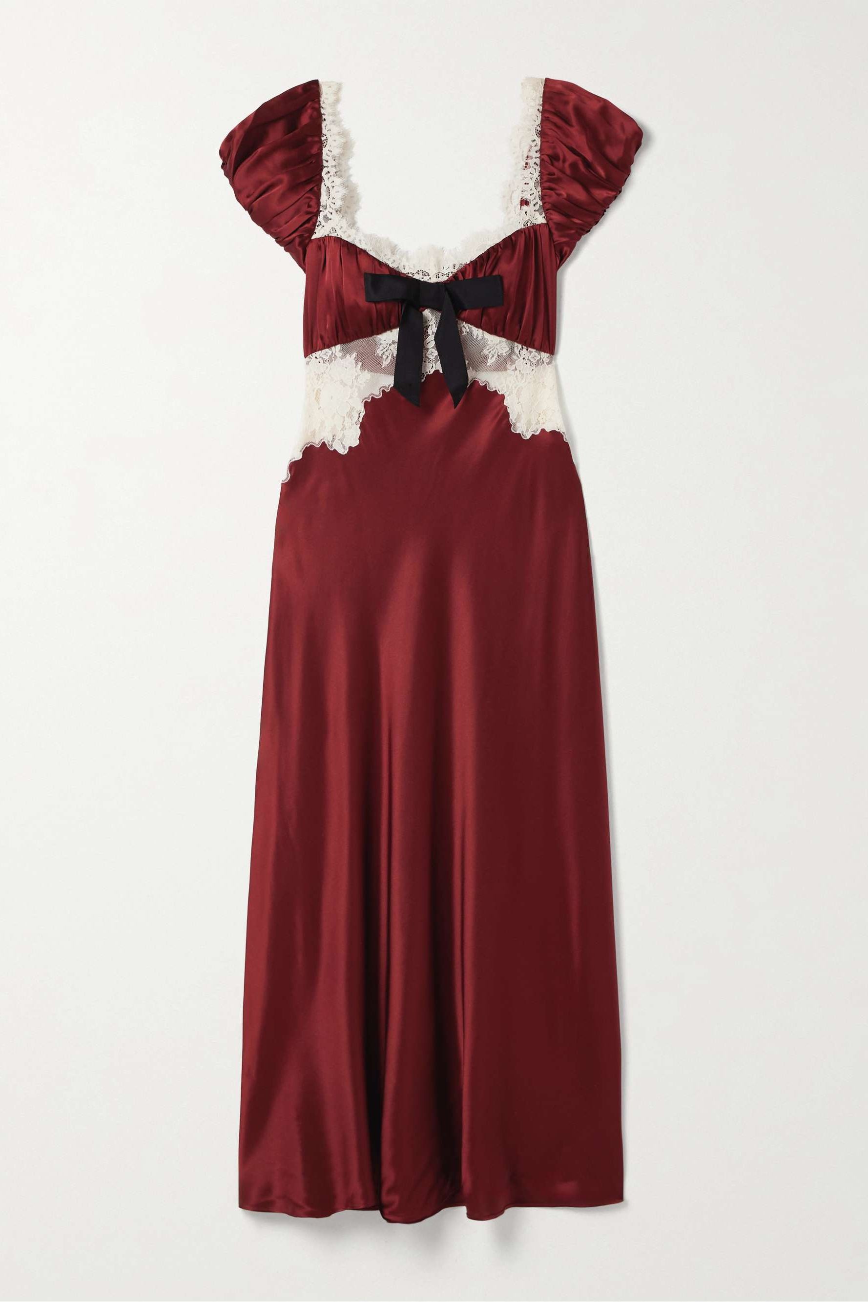 Veda Bow-Detailed Corded Lace-Trimmed Silk-Charmeuse Midi Dress
