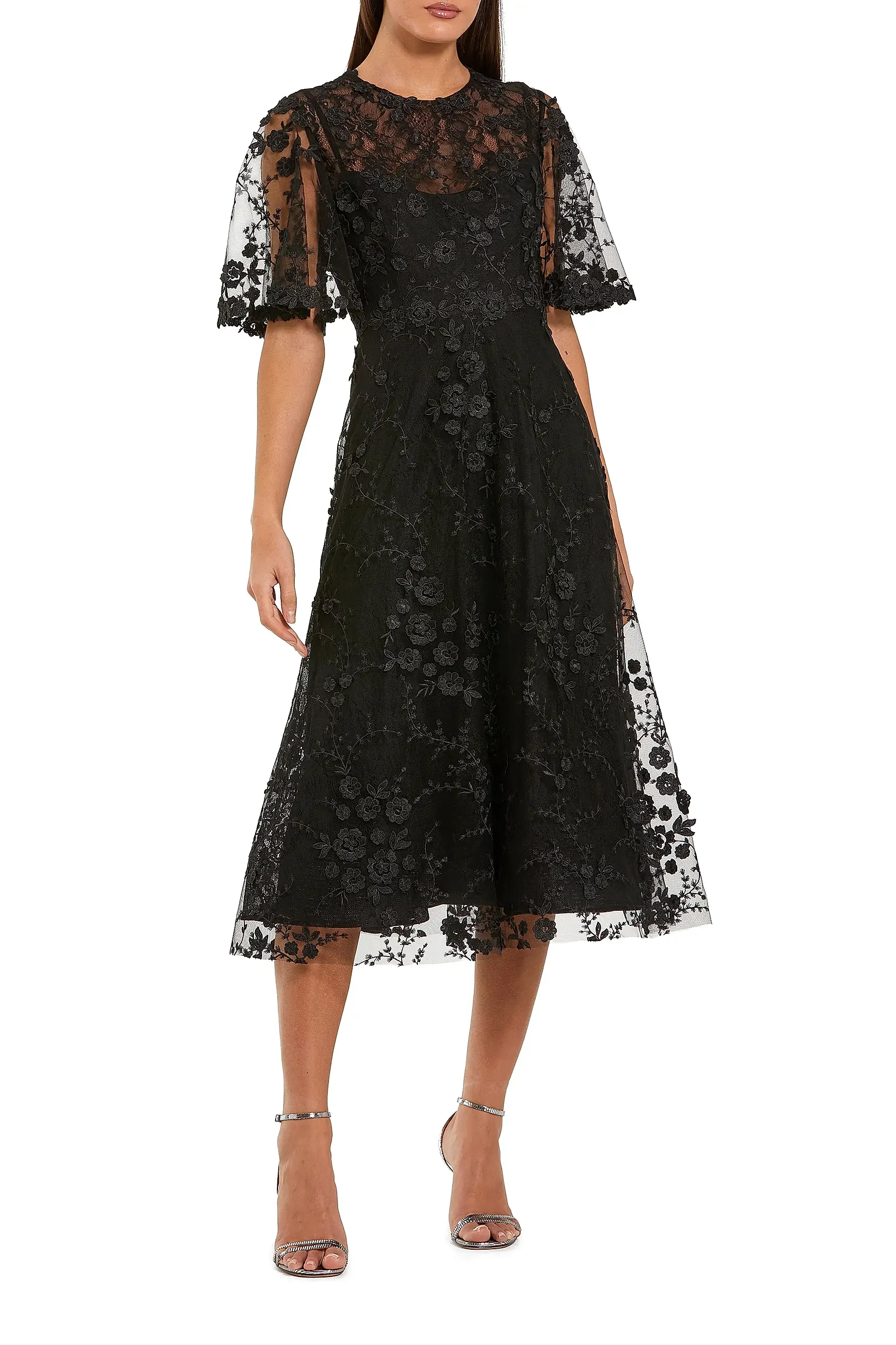 Cocktail Embroidered Mesh Midi-Dress