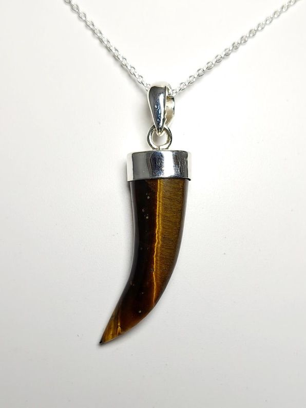 Tiger's Eye Horn Pendant: 925 Sterling Silver Tusk Necklace