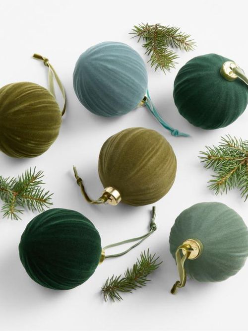 Cool Toned Ribbed Velvet Christmas Tree Ornaments, Boxed Set of 6