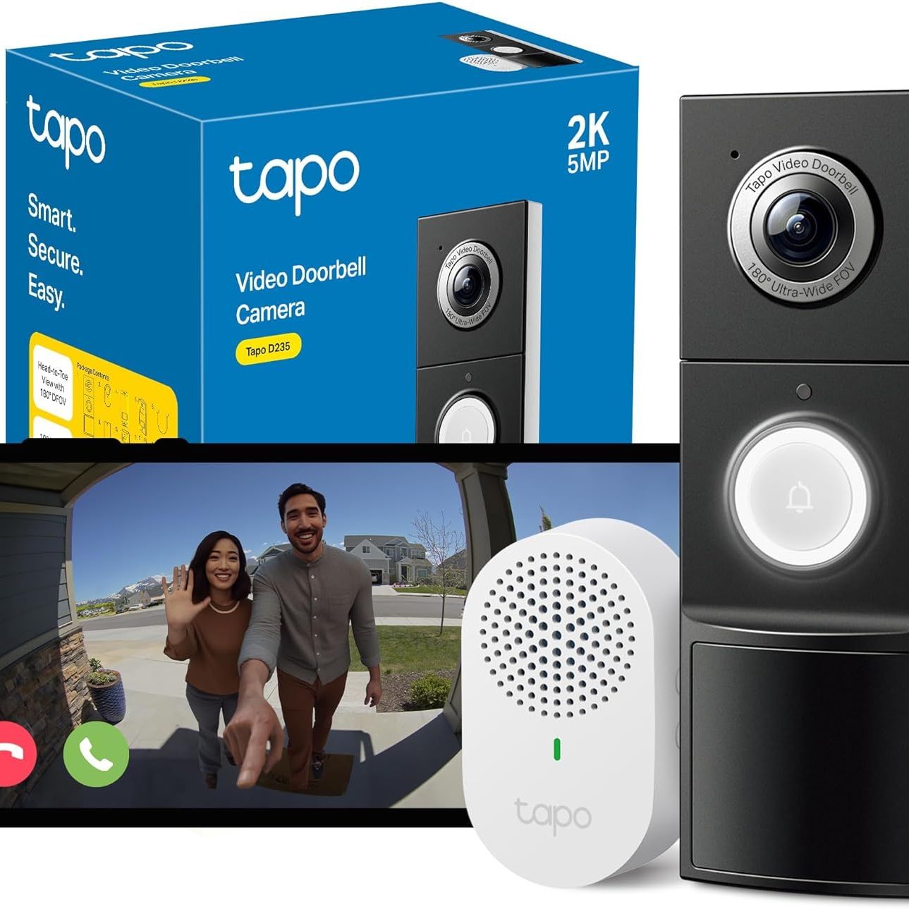 Tapo D235 2k 5mp Doorbell Camera Wireless 180&amp;deg;dfov Ultra-Wide Video Doorbell Wireless or Wired,battery 210 Day,ring Chime Included,head-To-Toe View Ip66,tp-Link Free Ai Detection,alexa,no Monthly Fee