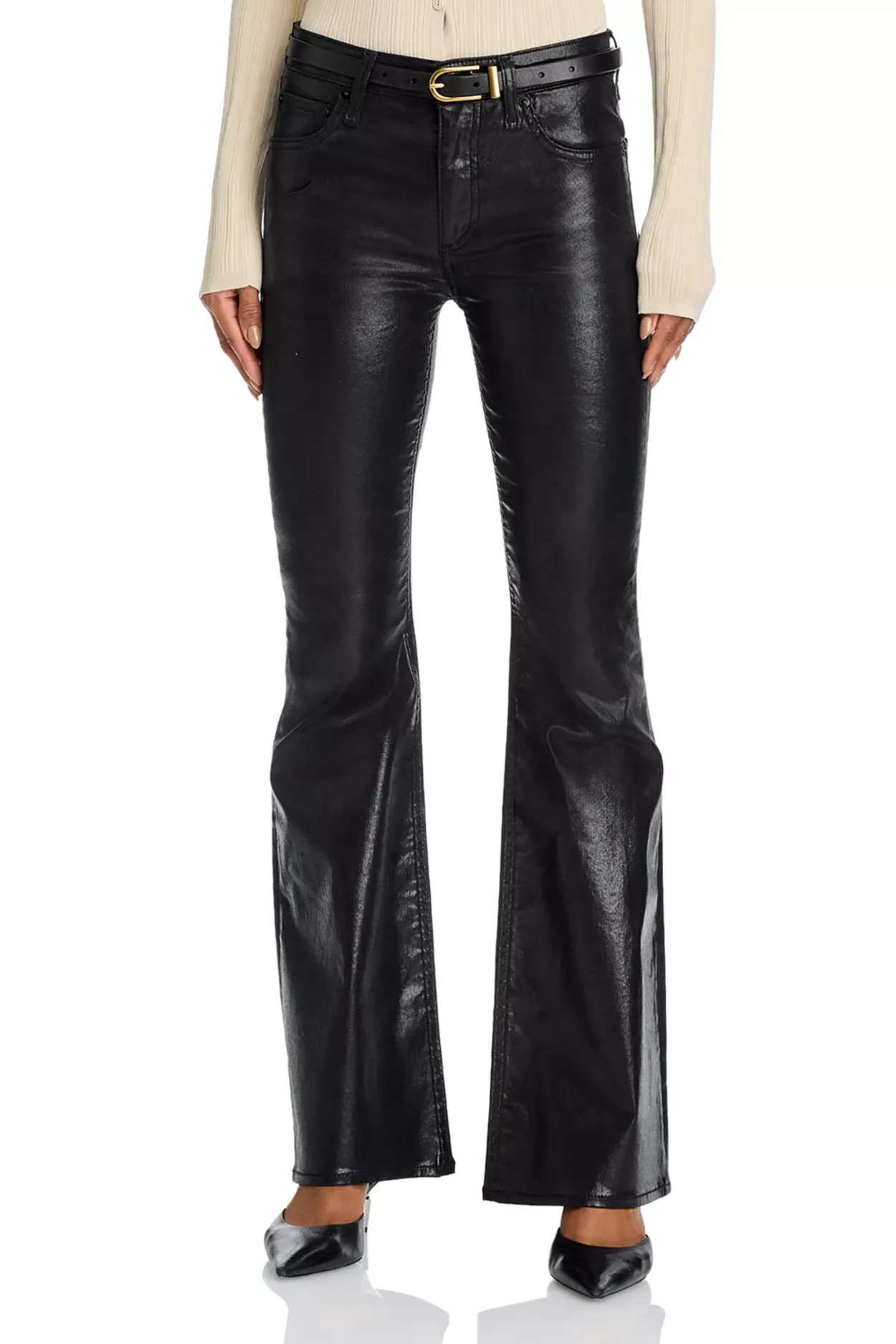 Flexi Dahlia Mid Rise Full Flare Jeans in Black Coated