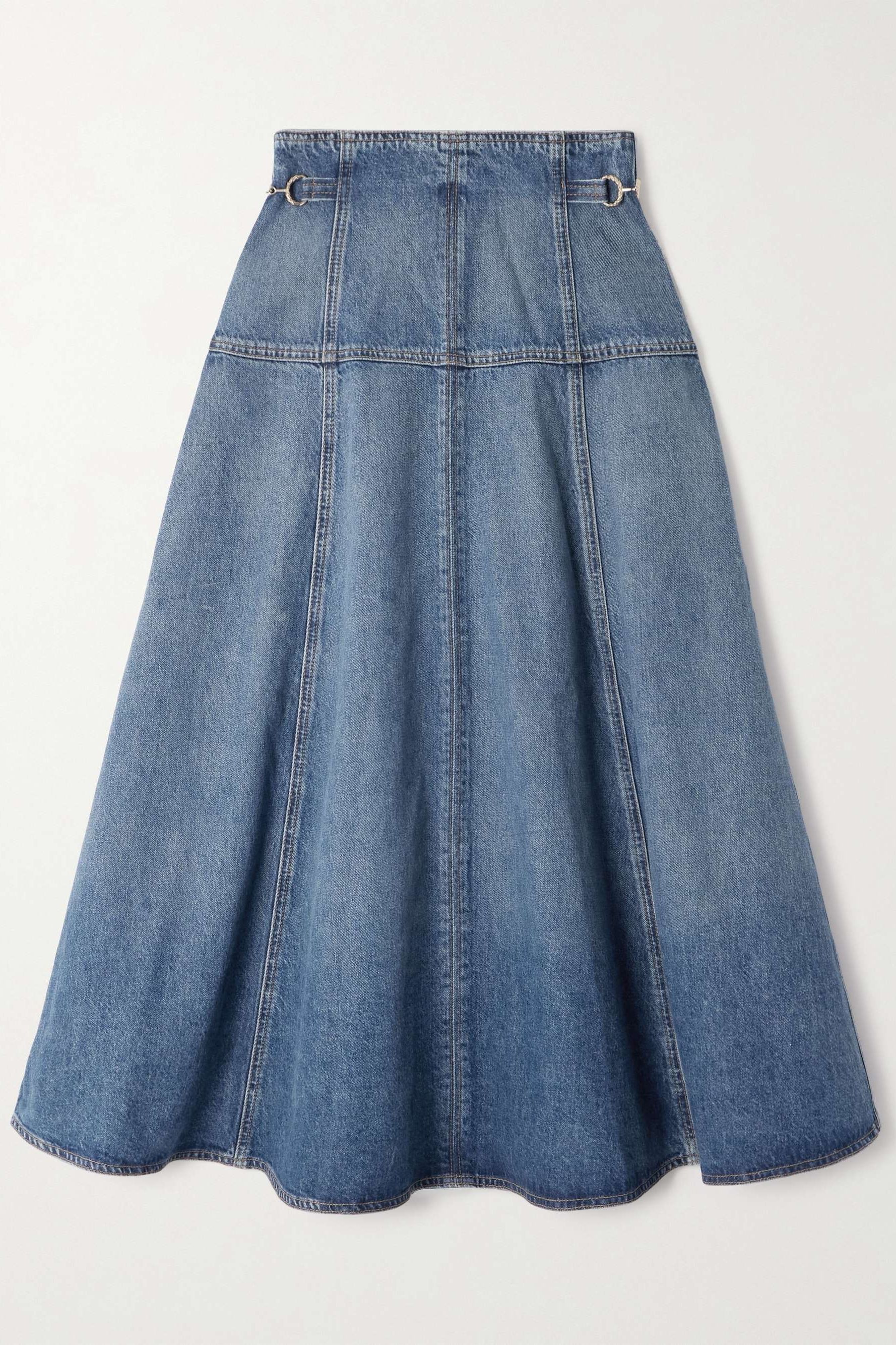 The Brigette Embellished Paneled Denim Midi Skirt