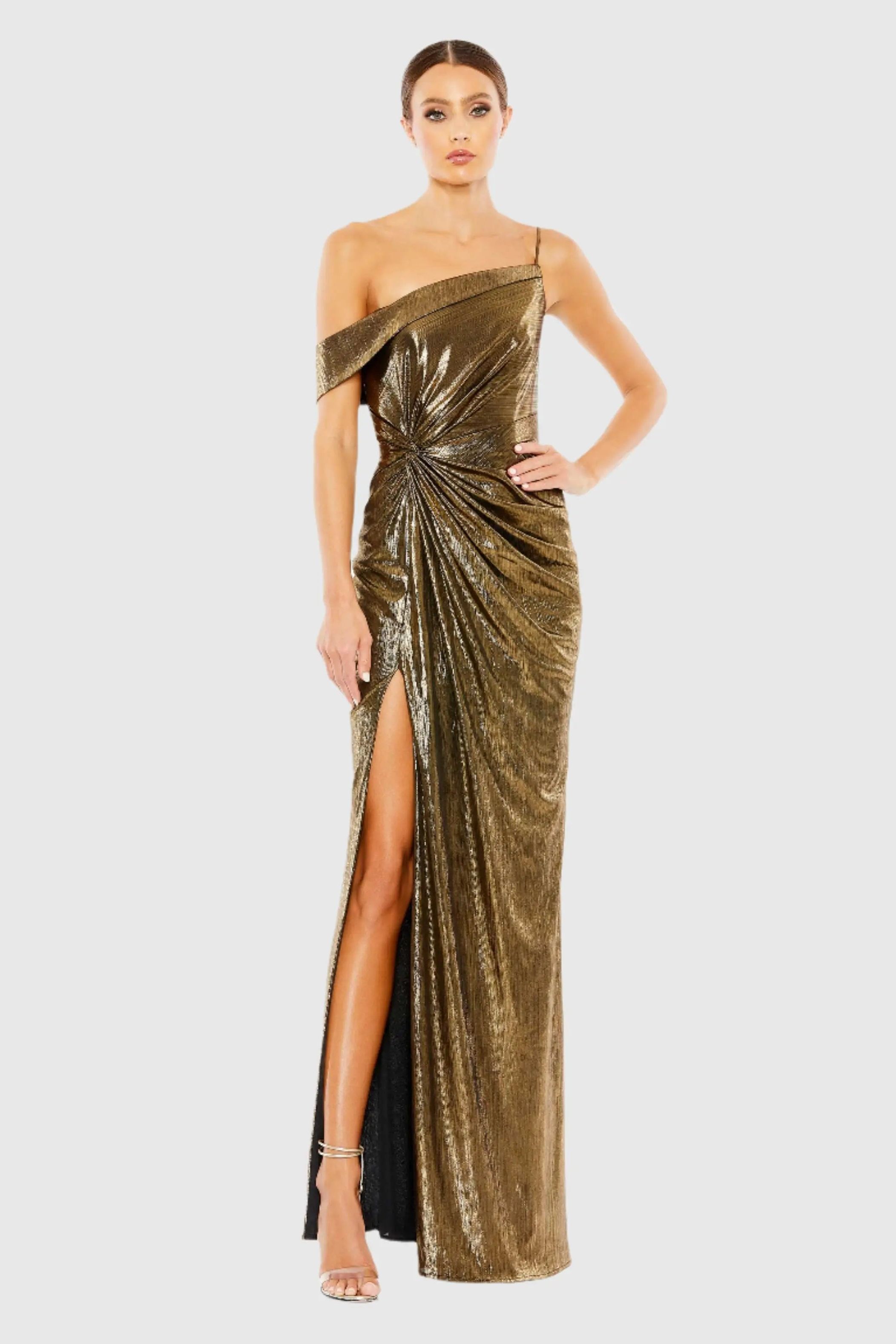 Gold Metallic Off the Shoulder Gown