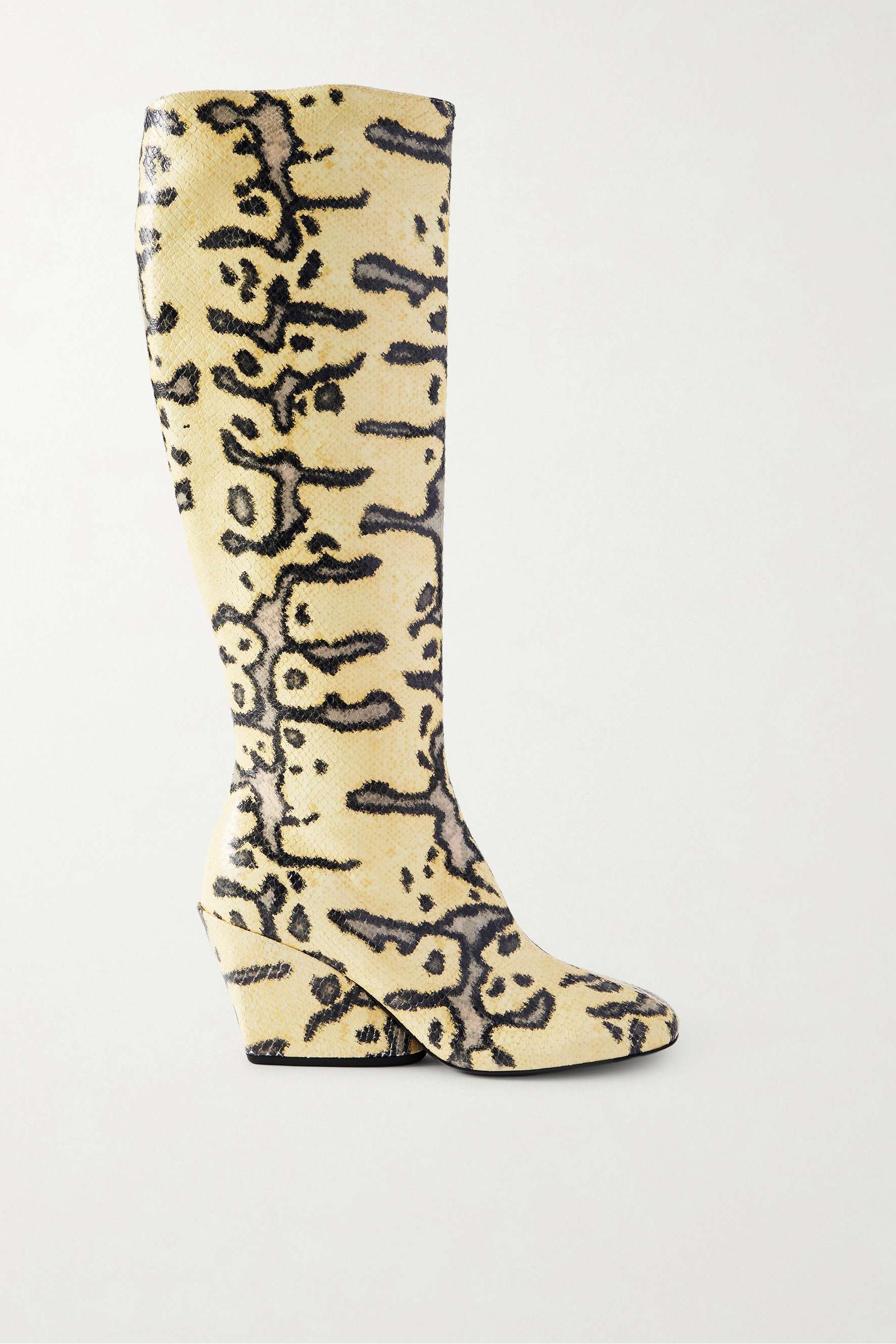 Slant Snake-Effect Leather Knee Boots