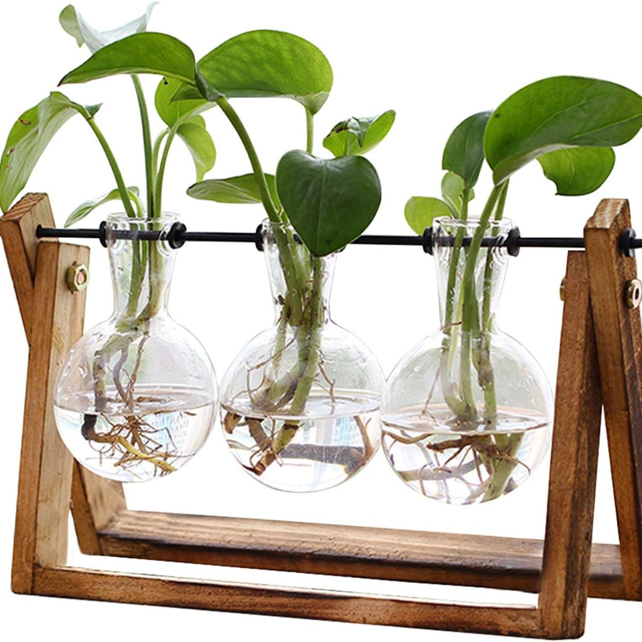 Xxxflower Plant Terrarium With Wooden Stand, Air Planter Bulb Glass Vase Metal Swivel Holder Retro Tabletop for Hydroponics Home Garden Office Decoration - 3 Bulb Vase