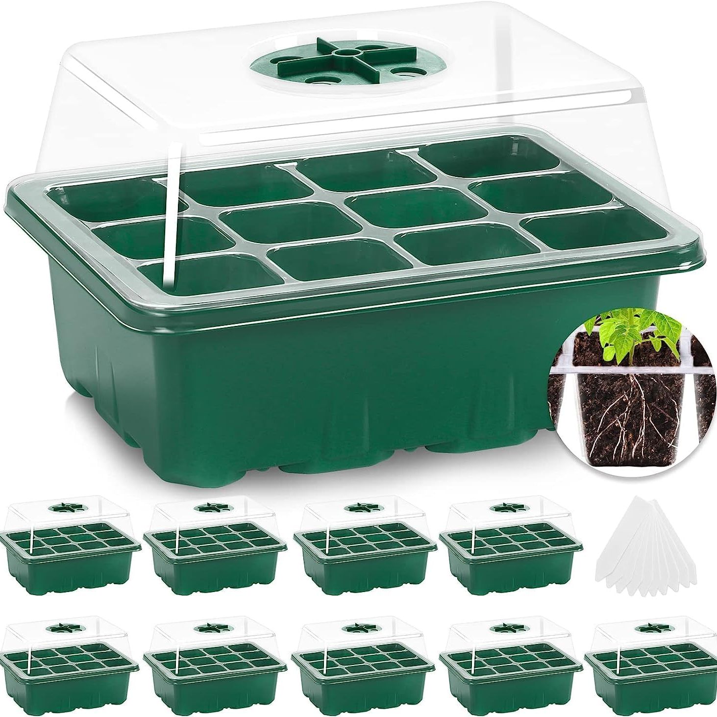 Mixc 10 Packs Seed Starter Tray Seed Starter Kit With Humidity Dome (120 Cells Total Tray) Seed Starting Trays Plant Starter Kit and Base Mini Greenhouse Germination Kit for Seeds Growing Starting