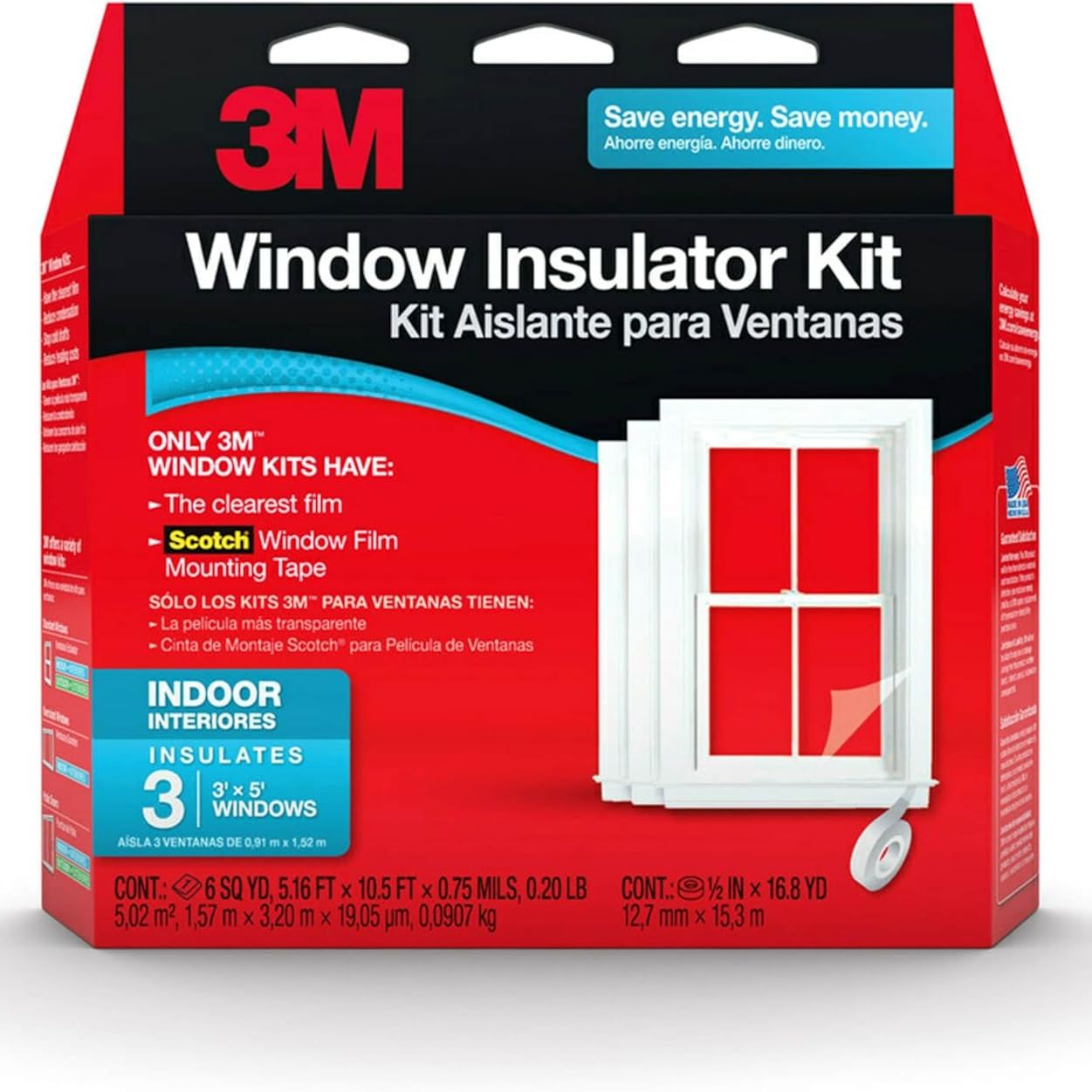 3m Indoor Window Insulation, Insulator Kit for 3 Windows 3ft X 5ft, Keeps Cold Air Out and Warm Air In, Includes Heat Shrink Window Film and Scotch Window Film Mounting Tape (2130w-6)