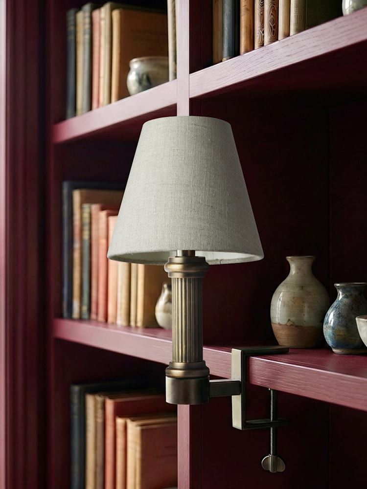 pooky, bronte rechargeable bookshelf lightin bronze with 16cm empire lampshade in natural linen