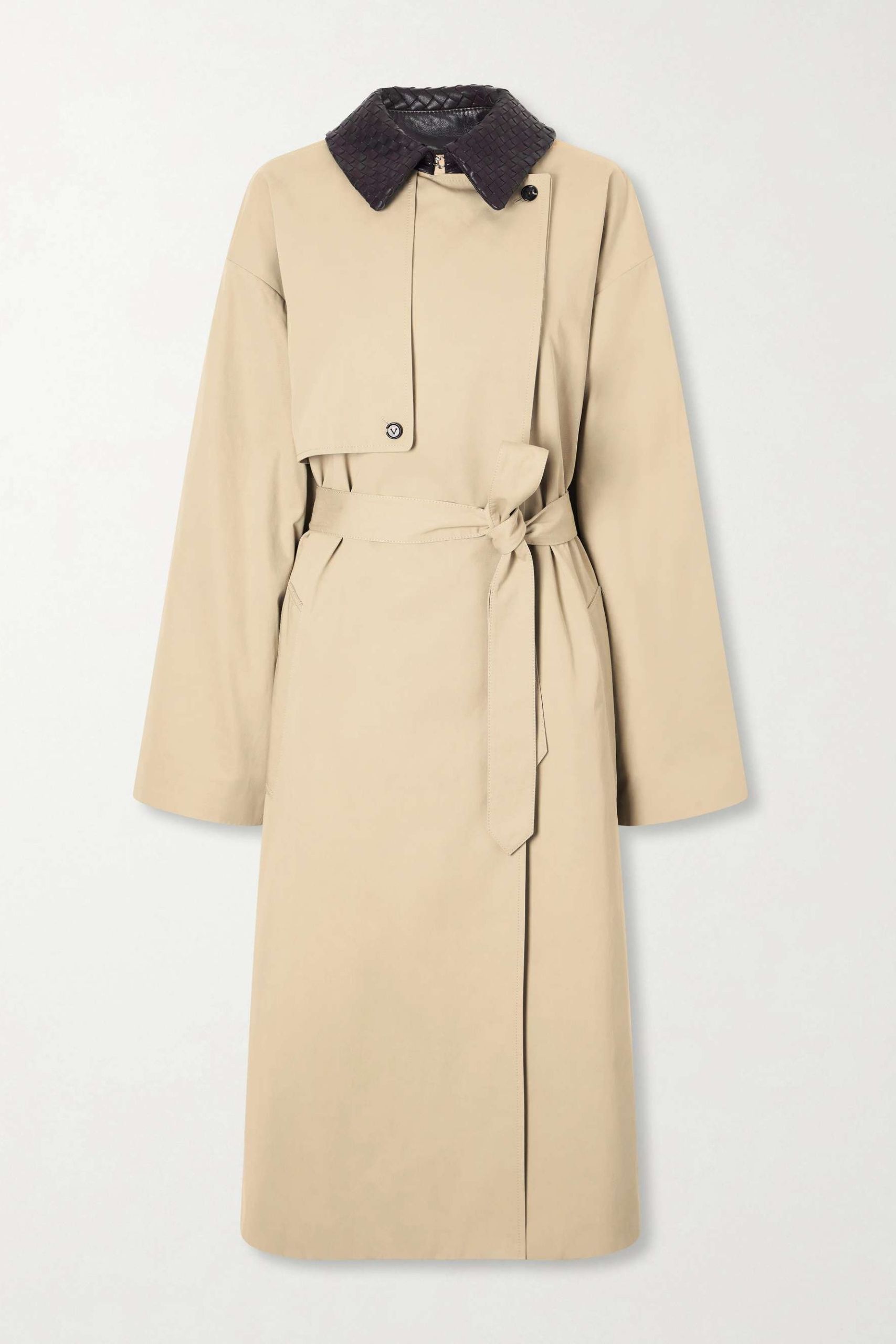 Belted Intrecciato Leather-Trimmed Coated Cotton Trench Coat