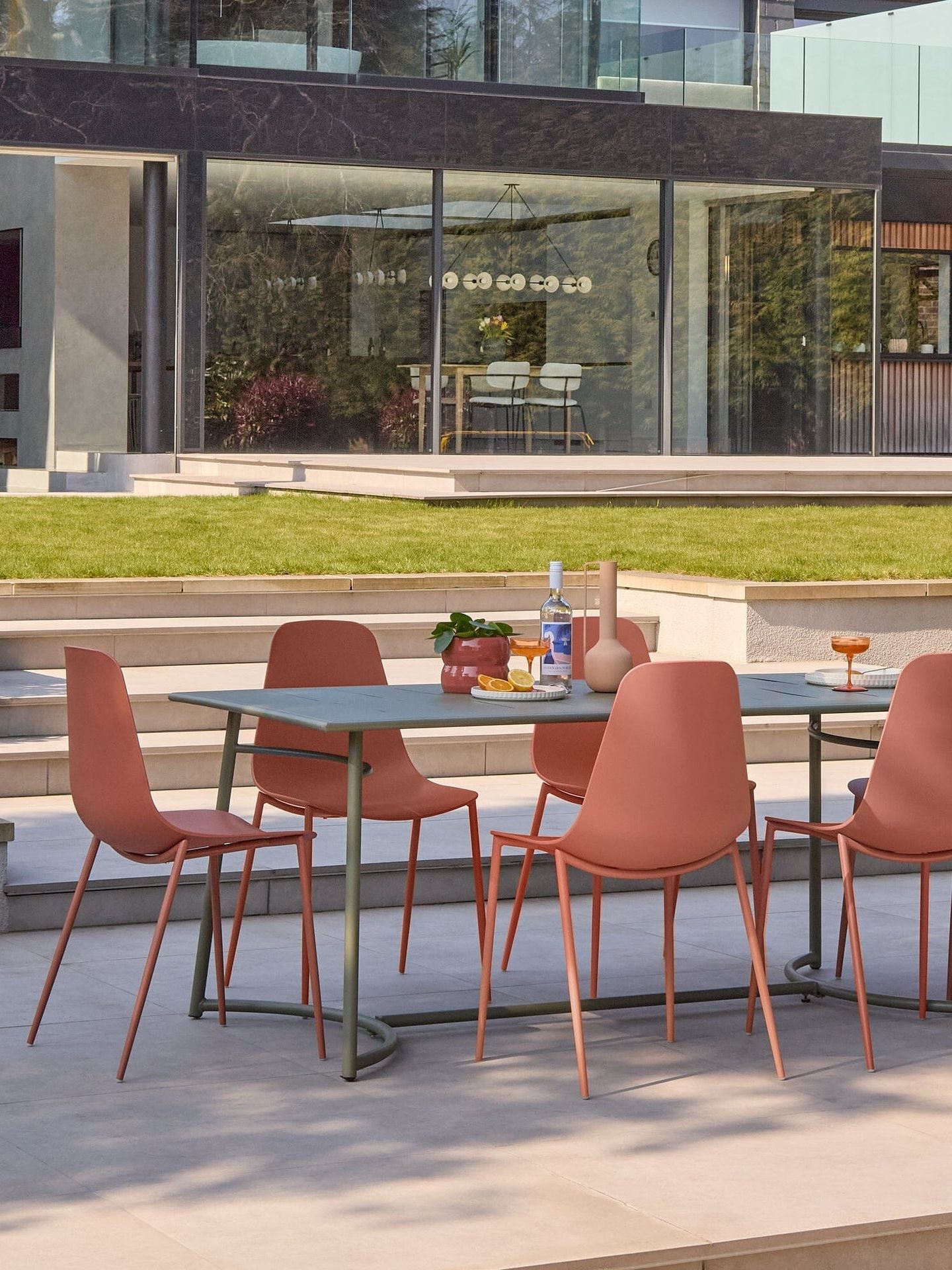 Wilder 6 Seater Metal Garden Dining Set With Wren Burnt Orange Chairs