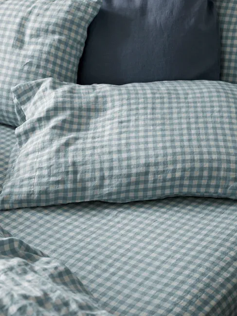 Warm Blue Gingham Linen Blend Duvet Set
