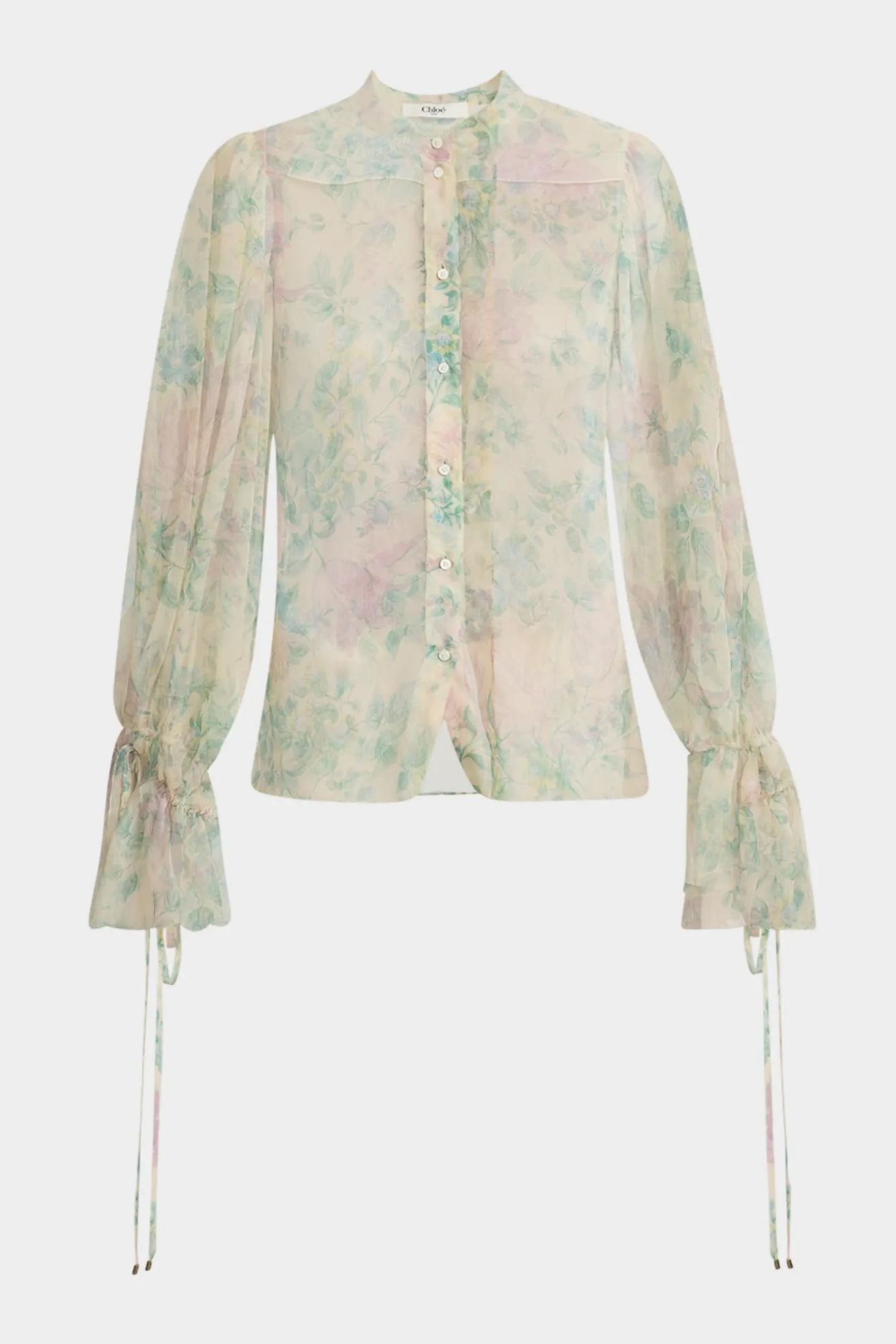 Floral Silk Balloon-Sleeve Button-Down Top