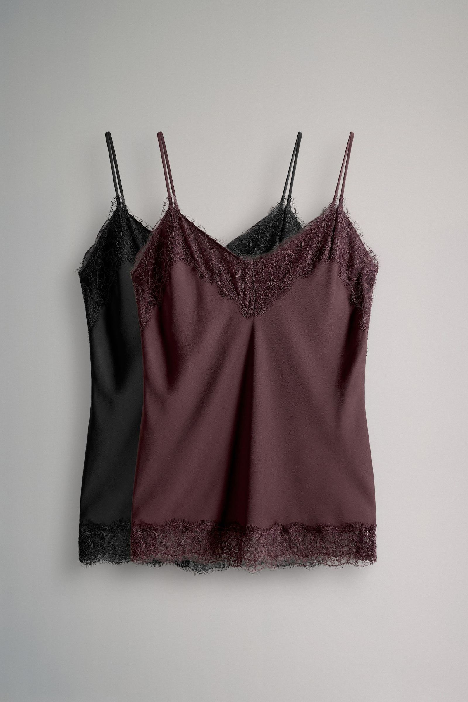 The Set 2 Pack Satin Crepe Lace Trim Camisole Black/ Burgundy Red