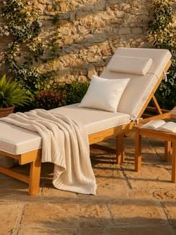 Alfresia Acacia Wooden Sun Lounger With Luxury Cushion, 4-Position Adjustable Garden Lounger Chair With Wheels, Foldable Outdoor Sunbed for Patio, Decking &amp;amp; Garden Taupe