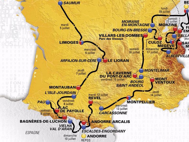 Het parcours van de eerste etappes van de Tour de France 2016 op Google