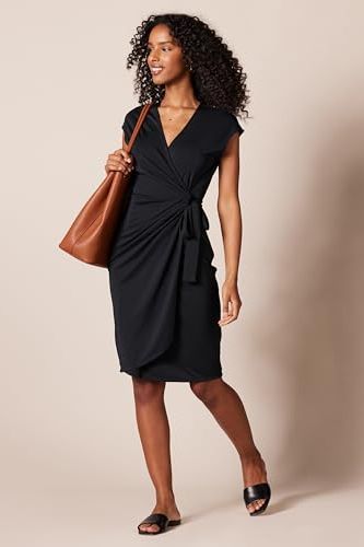 Amazon Essentials Women's Classic Cap Sleeve Wrap Dress for Wedding Guest and Evening Wear (available in Plus Size), Black, S