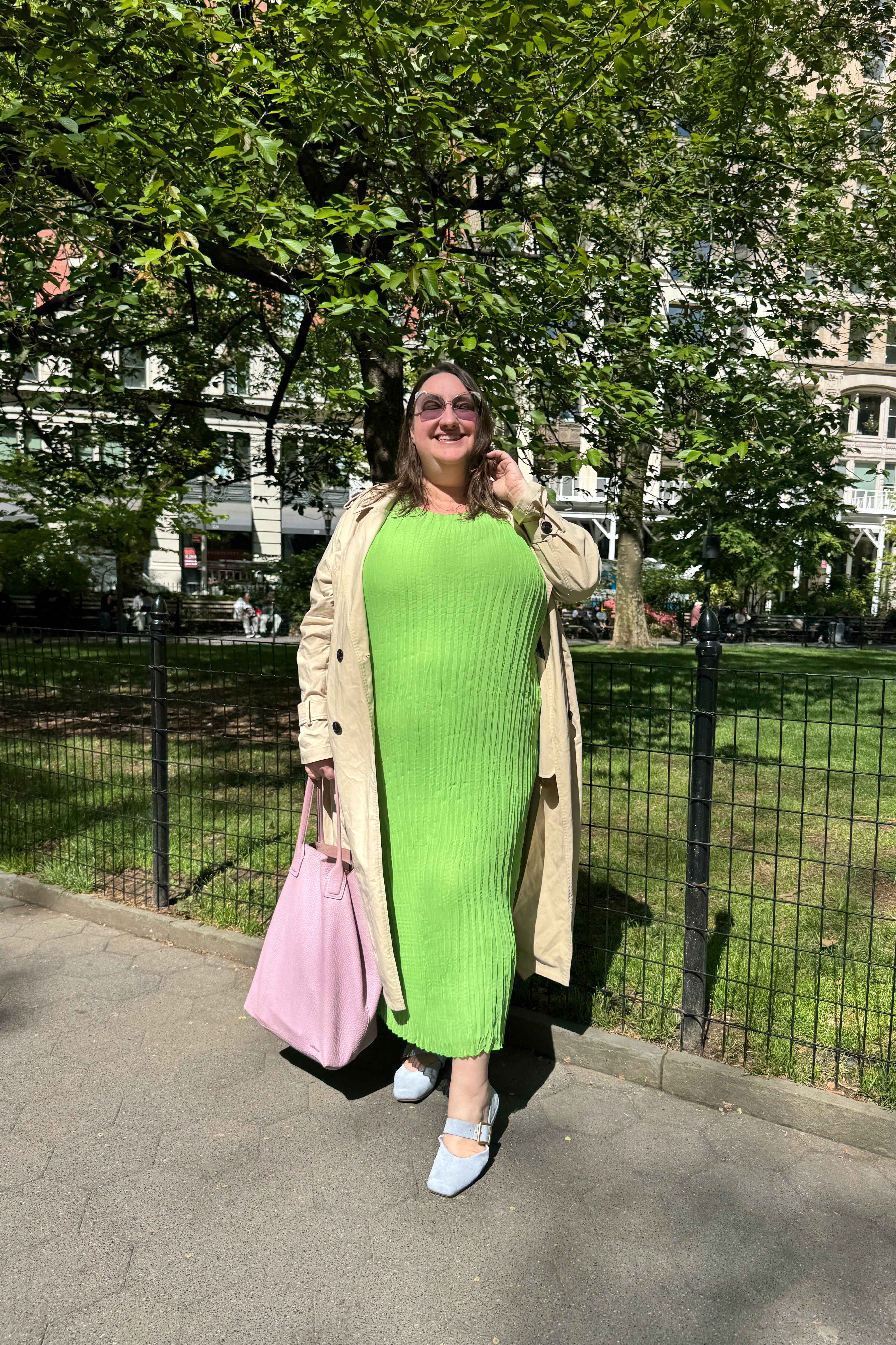 Sarah Chiwaya styles a lime green pleated dress by Baacal for spring