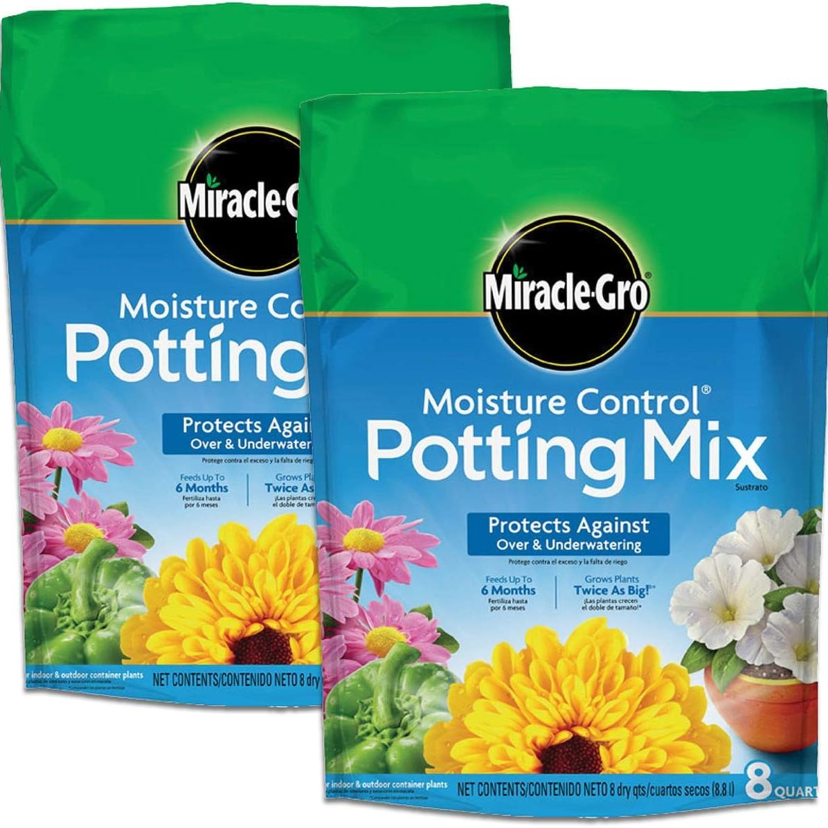 Miracle-Gro Moisture Control Potting Mix, for Container Plants, Protects Against Over- and Under-Watering, 8 Qt., 2-Pack