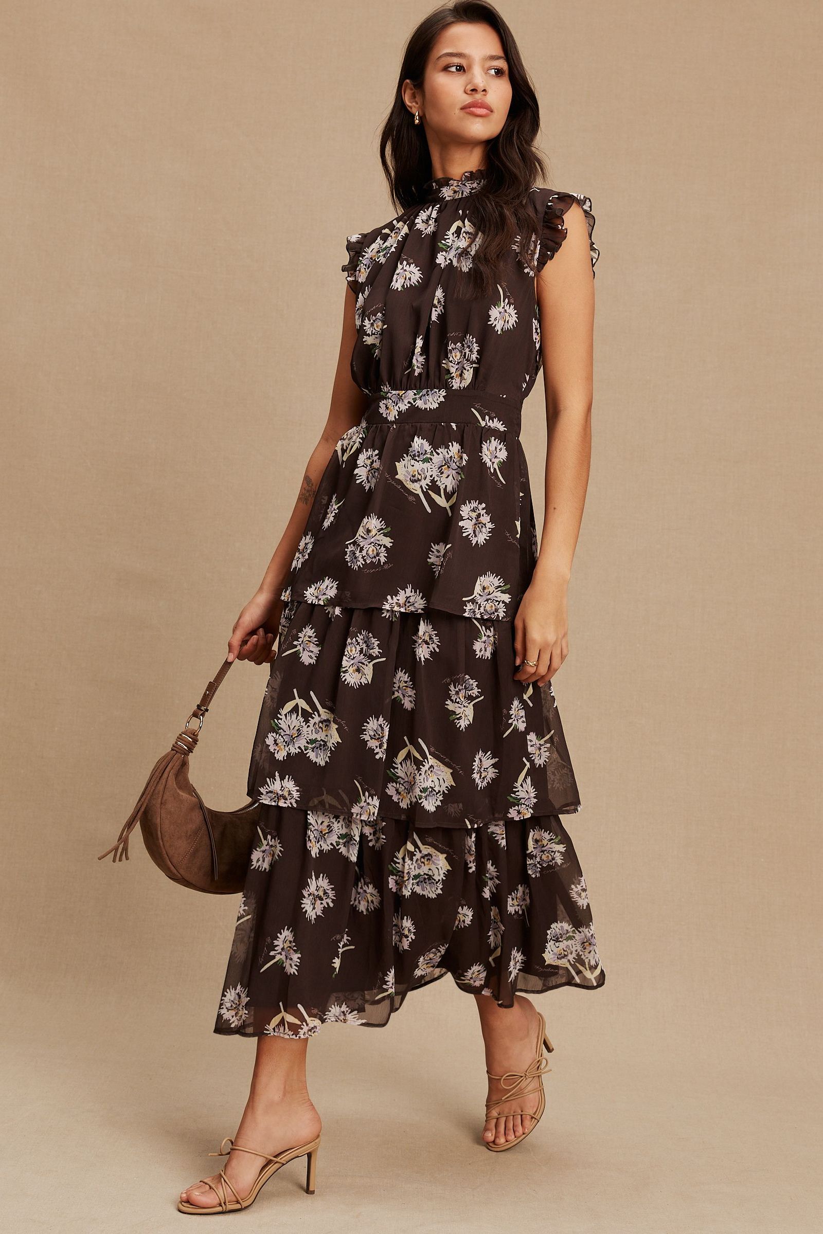 Chocolate Brown Floral Printed High Neck Tiered Occasion Maxi Dress - Size 4