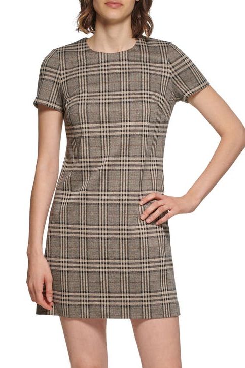 Plaid Short Sleeve Ponte Sheath Dress