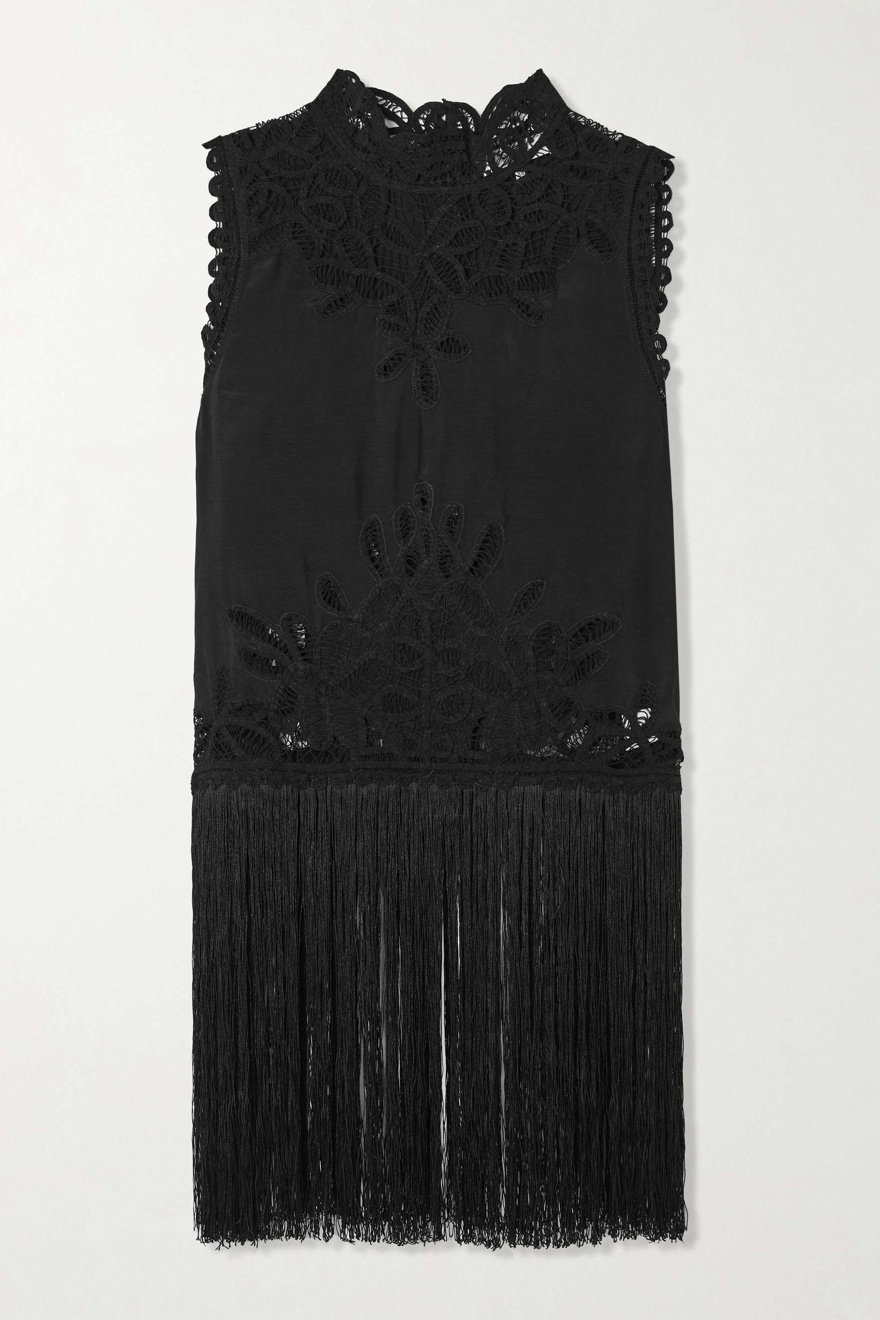 Adelina Tie-Side Fringed Lace-Paneled Woven Top