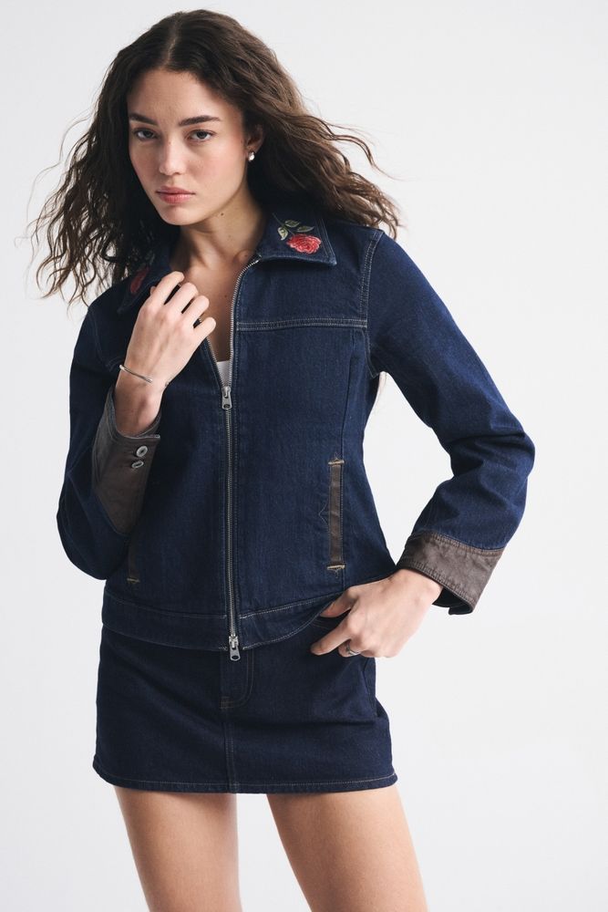 Embroidered Denim Zip-Up Jacket