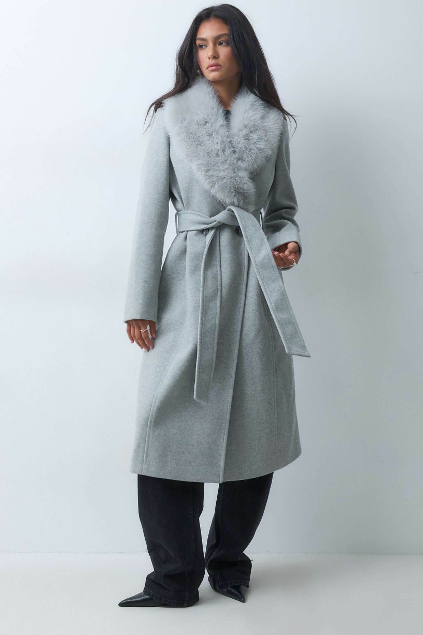 Forever New Formal Belted Detachable Faux Fur Collar Longline Coat in Grey