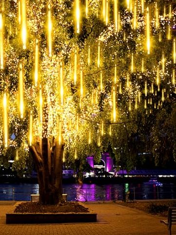 Opahuter Solar Meteor String Lights With Remote, 240 Leds Falling Rain, 30cm 10 Tubes Meteor Shower Waterproof Snowfall for Party Wedding Garden Christmas Tree